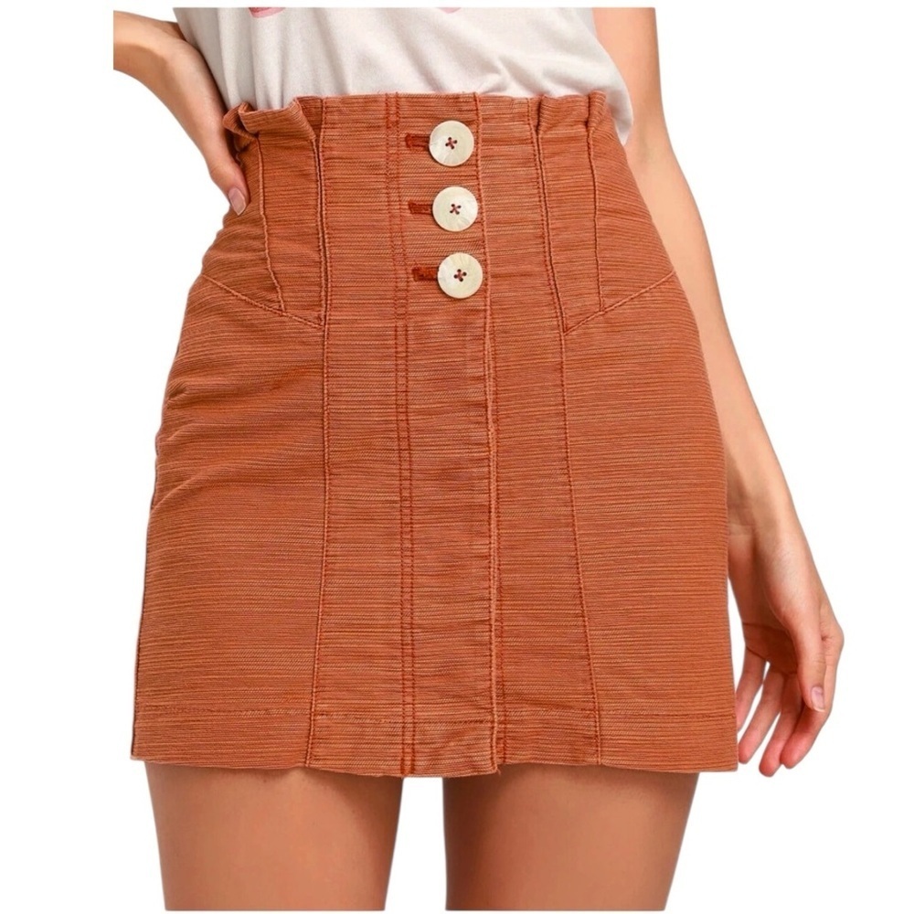 🌻FREE PEOPLE Every Minute Every Hour Terra Cotta Button-Up Mini Skirt Size 8